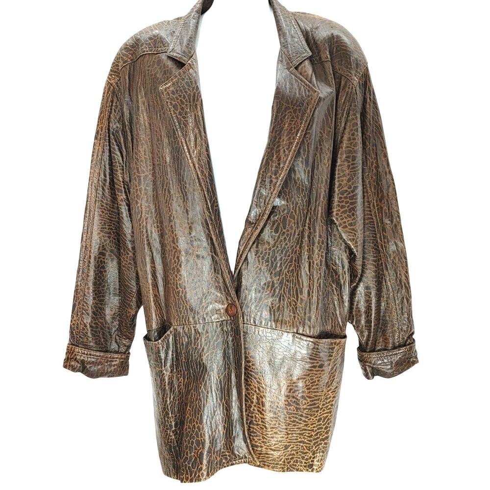 Vintage Lanna Longline Blazer Jacket Embossed Animal Print Dark Drown Womens L